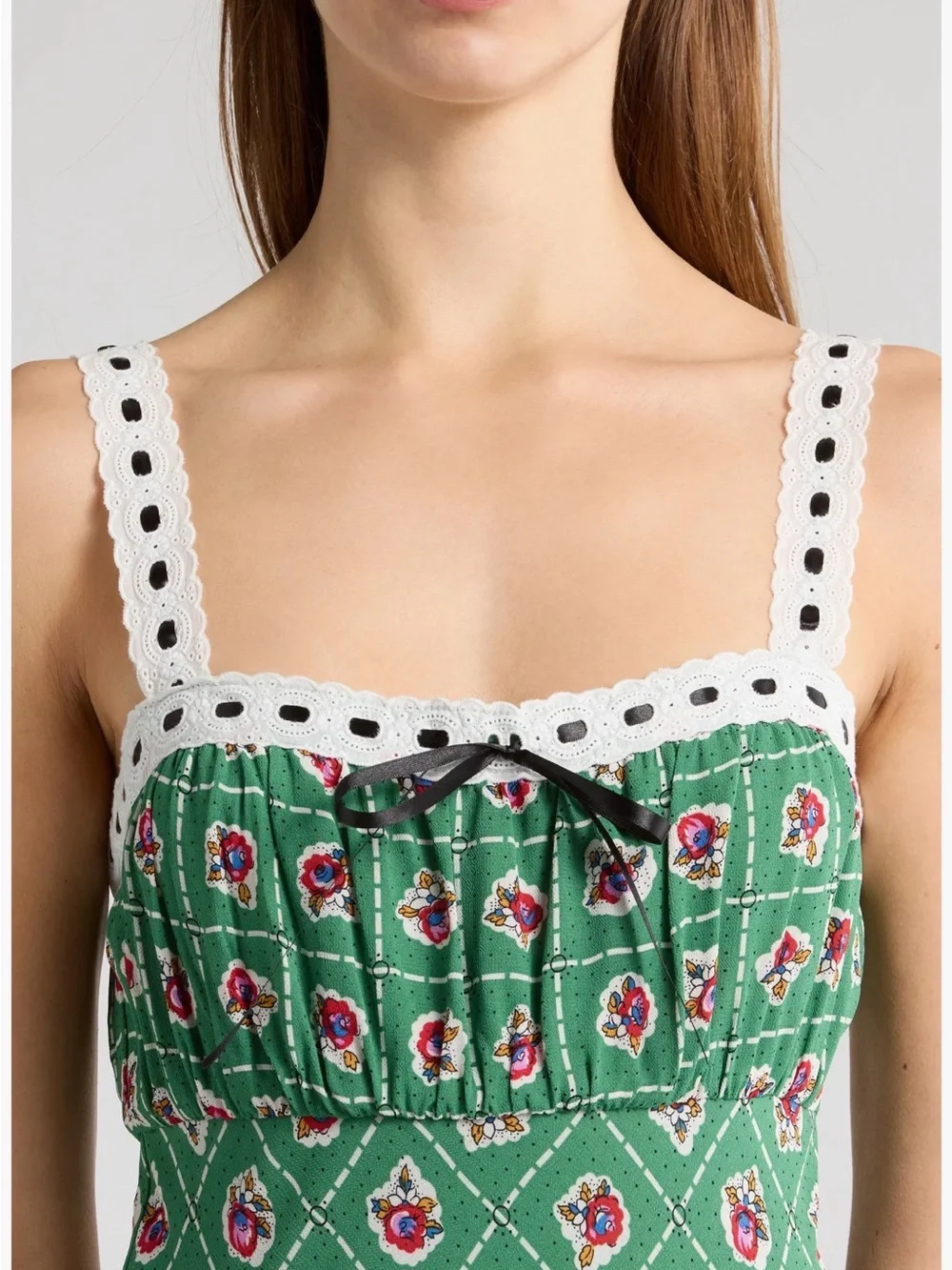 WAYF. Green Patterned Midi Dress with Contrast Trim - Picture 3 of 16